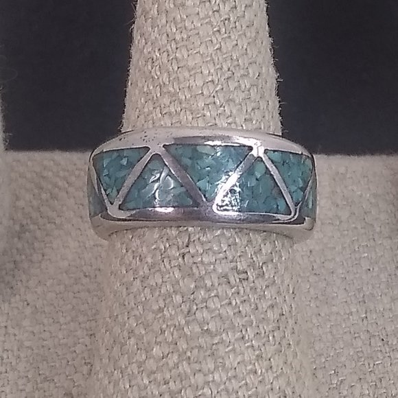 Southwestern Crushed Turquoise Inlay Sterling Ring - Picture 1 of 5